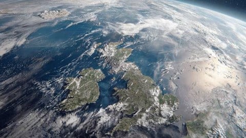 A satellite view of the United Kingdom and Ireland