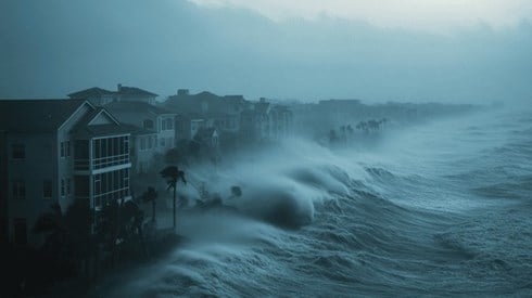 High waves from a hurricane battering a city on the coast