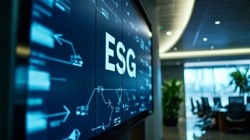 the letters ESG on a wall screen in a brightly lit office