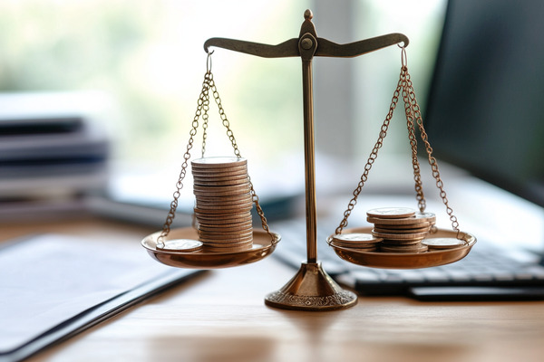 A balance scale with stacks of coins on both sides, and a computer in the background.