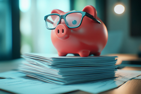 A piggy bank wearing glasses and standing on top of a stack of documents.