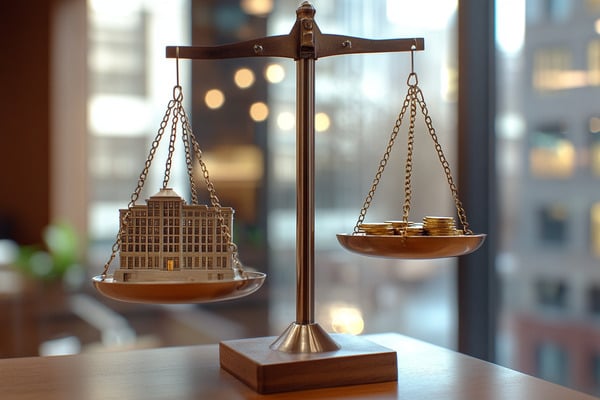 A balance scale on a desk in a corporate office, with one side of the scale holding a model office building, and the other side of the scale holding several stacks of gold coins.