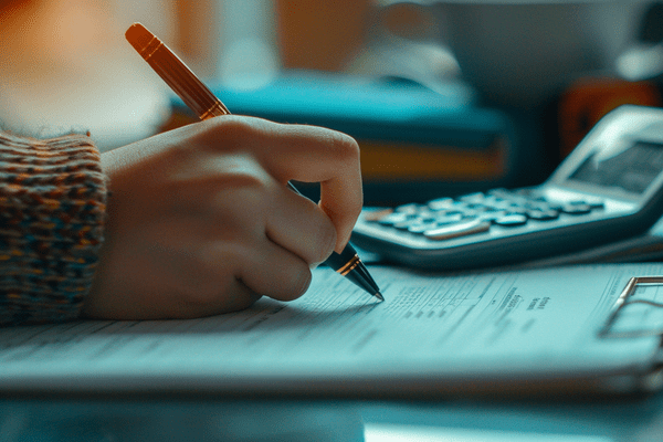 A hand is holding a pen to papers on a clipboard with a calculator sitting nearby