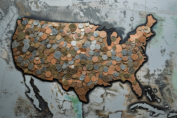 Map of the United States covered in coins