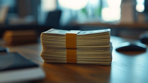 A stack of cash on an office desk