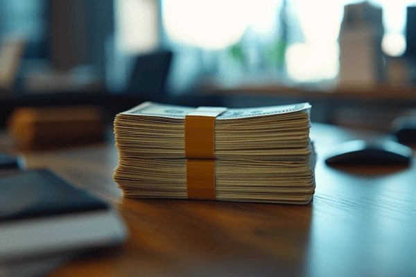 A stack of cash on an office desk