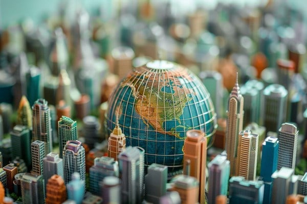 A small globe resting in the middle of a collection of multicolored miniature skyscrapers and corporate buildings.