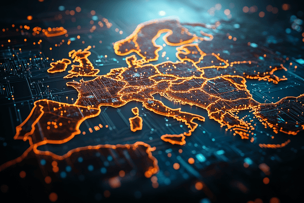 An orange map of Europe made of cyber nodes with an AI design