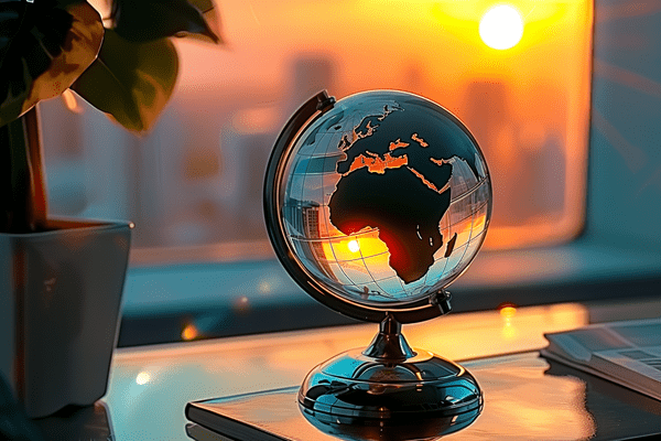 A glass globe sits on a desk with a setting sun illuminating Africa and Europe