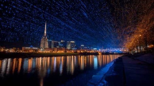 Nashville skyline in blue and orange binary code