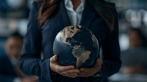 Businesswoman in a dark blue suit holding a globe in her hands