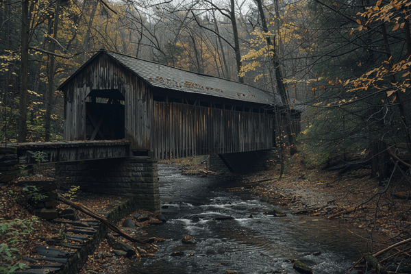 Wooden covered bridge in a forest crossing a stream