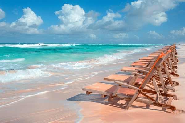 A row of wood-framed orange canvas beach chairs on a beach with pink sand in Bermuda