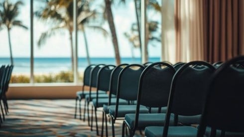 rows of chairs in a conference room with a beach view through the window
