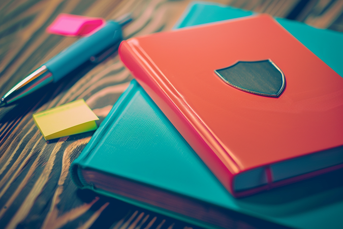 A red book with a shield on the cover sits on top of a blue book, with sticky notes and a pen nearby