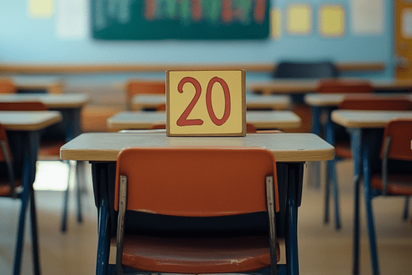 The number 20 on a school desk in a classroom