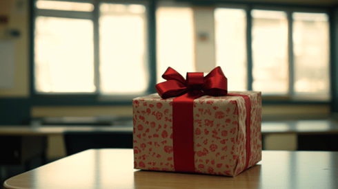 A wrapped present with a red bow sitting on top of a desk in a classroom