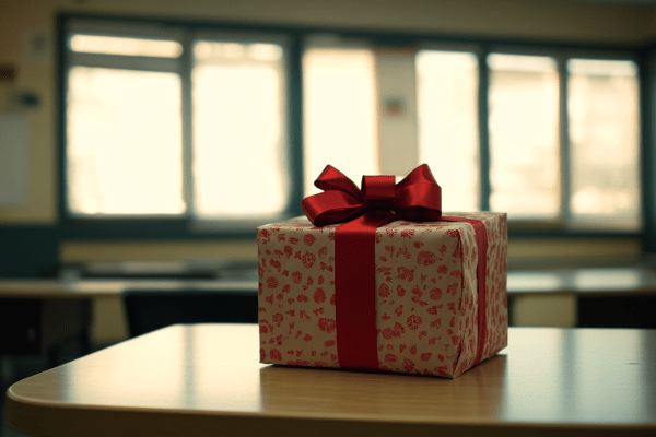 A wrapped present with a red bow sitting on top of a desk in a classroom