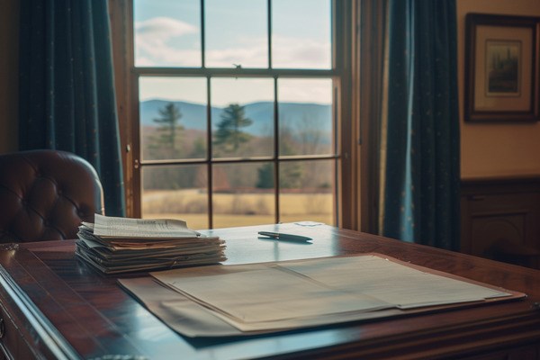 A stack of documents and a pen rest on a wooden desk, with a window looking out onto a Vermont landscape.