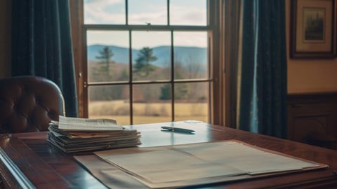 A stack of documents and a pen rest on a wooden desk, with a window looking out onto a Vermont landscape.