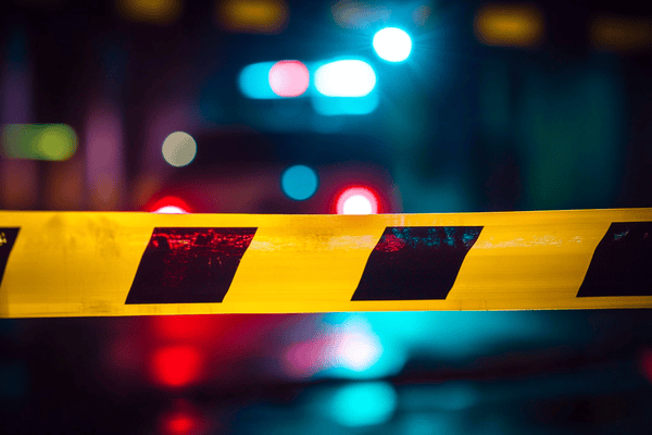 Yellow and black striped police tape with blurred police lights in the background