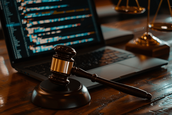 A gavel sitting in front of a laptop showing code