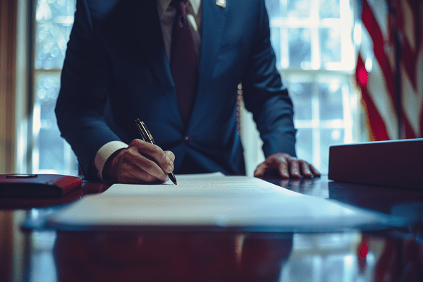 A man in a suit signs a piece of paper laying on his desk with an American flag in the background