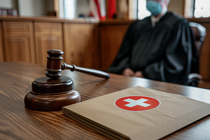 A medical folder on a table next to a gavel, with a judge wearing a face mask in the background