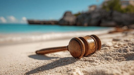 A wooden gavel laying on the beach