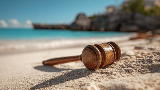 A wooden gavel laying on the beach