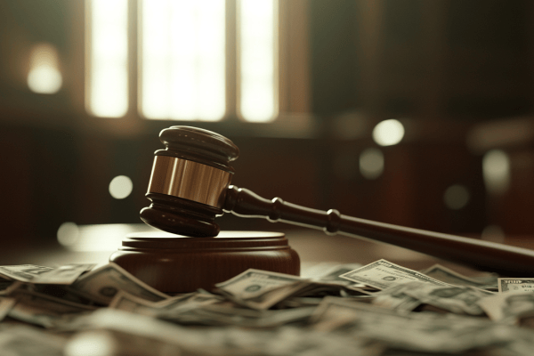 A wooden gavel in a courtroom on top of a pile of money