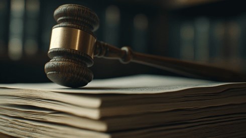 A wooden gavel resting on top of a stack of documents