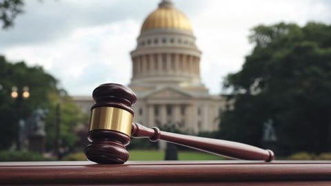 gavel in front of a gold-domed capitol building