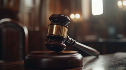 close up of a gavel resting on a judicial bench