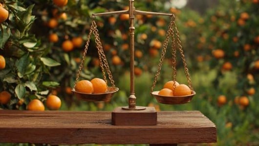 oranges on a balanced set of scales on a bench in an orange grove