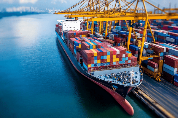 A cargo ship being loaded at a dock with a coastal city in the background