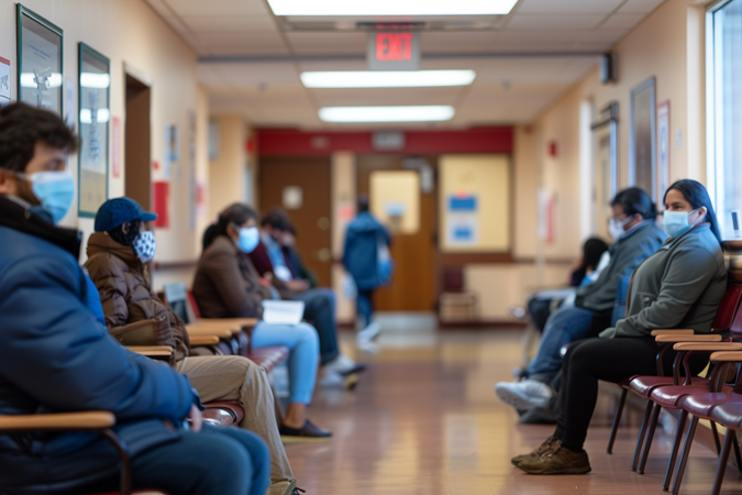 Patients maintain social distancing while wearing masks in a doctor's waiting room
