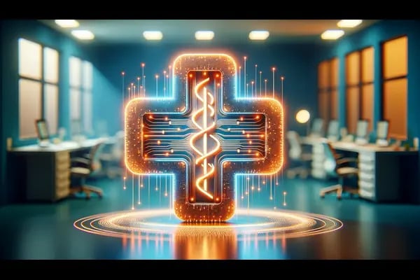 A digital first aid symbole hovers in a medical office