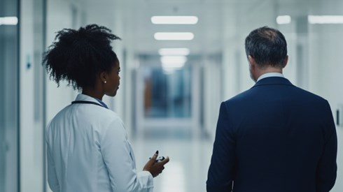 A doctor and businessman talking in the hallway of a hospital