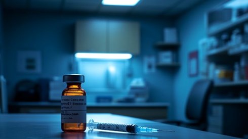 multidose medication vial and syringe in a doctor's office