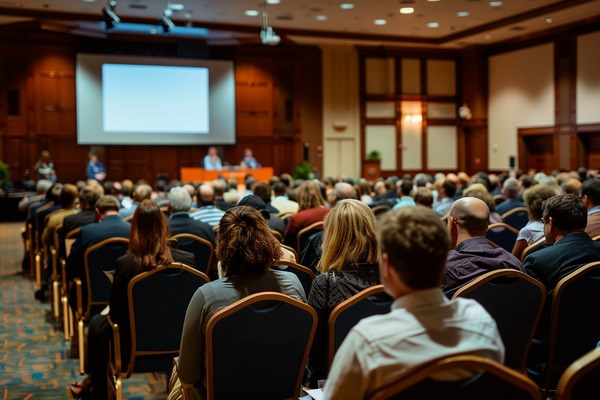 A packed audience sitting in chairs and listening to a panel of speakers in a large conference room.