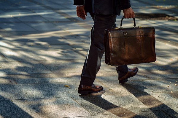 A businessman in a suit walking down a sidewalk while holding a brown leather briefcase.