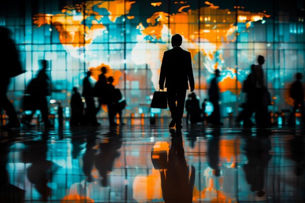 Silhouettes of business professionals walking around a large room, with a glowing world map in the background.