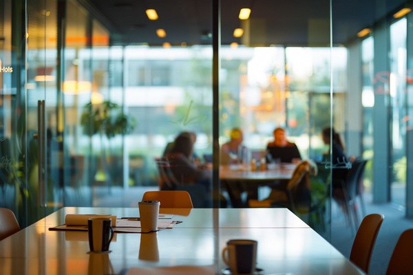 A conference table with coffee mugs and empty chairs in the foreground, while a small business team meets in a separate room with full glass windows in the background.