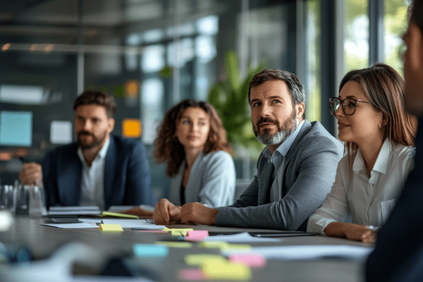 Business professionals sit around a conference table with papers and post-it notes