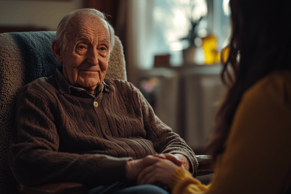 An elderly man smiles at his granddaughter