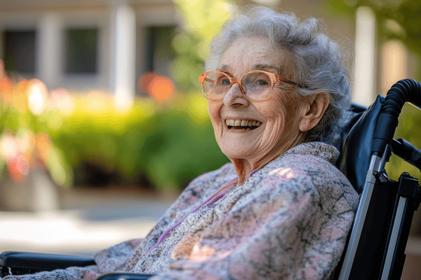 An elderly woman smiles while outside in a wheelchair