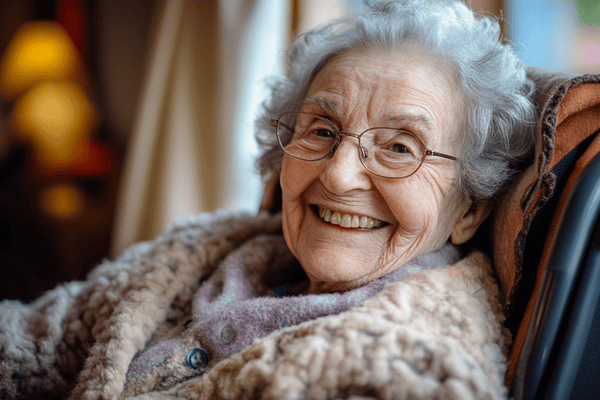 An elderly woman smiles while seated