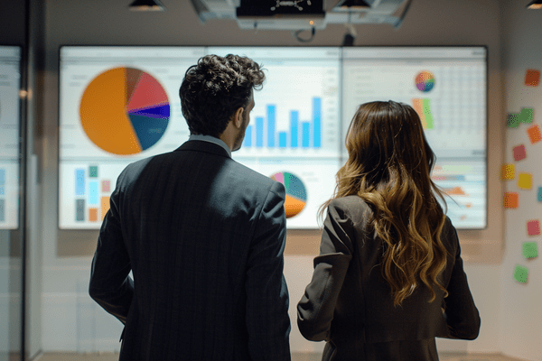 A businessman and businesswoman reviewing and talking in front of charts and graphs on a projector screen