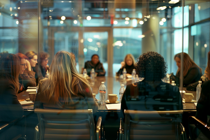 Business women meet at a large conference table